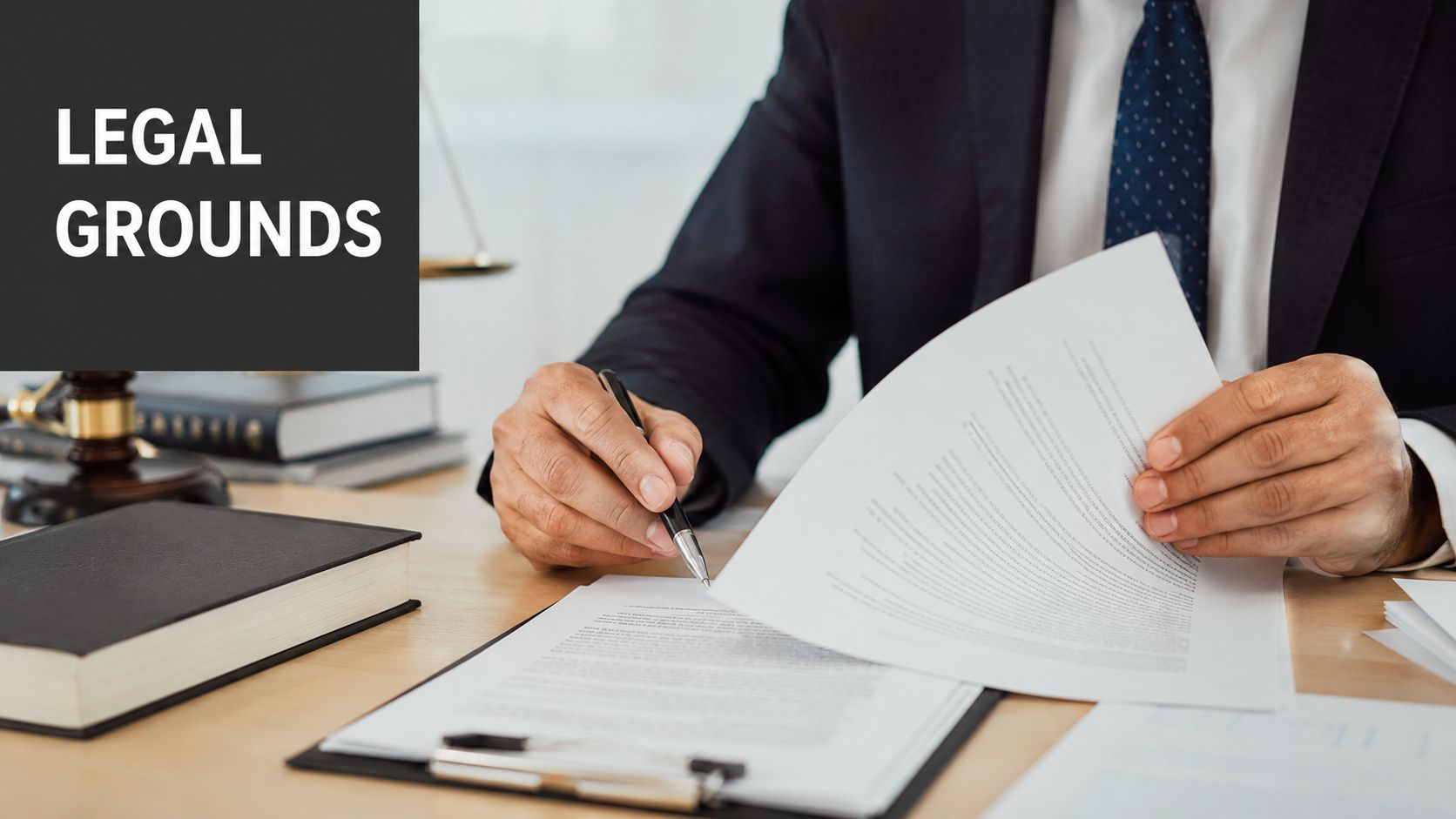 A professional lawyer reviewing legal documents at a wooden desk with a gavel and law books.